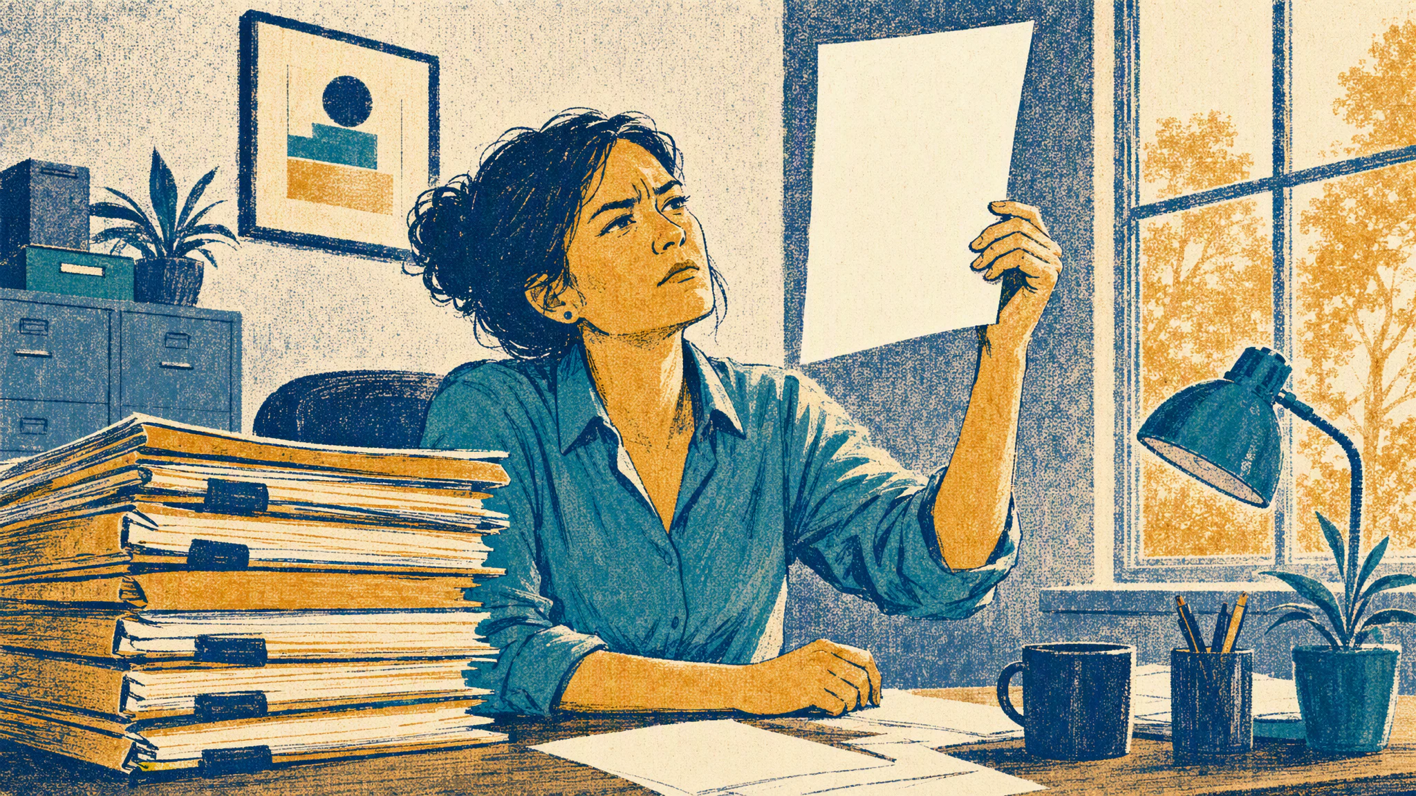 An underwriter at a desk holds a blank paper form up to the light while a stack of completed case files waits beside her.