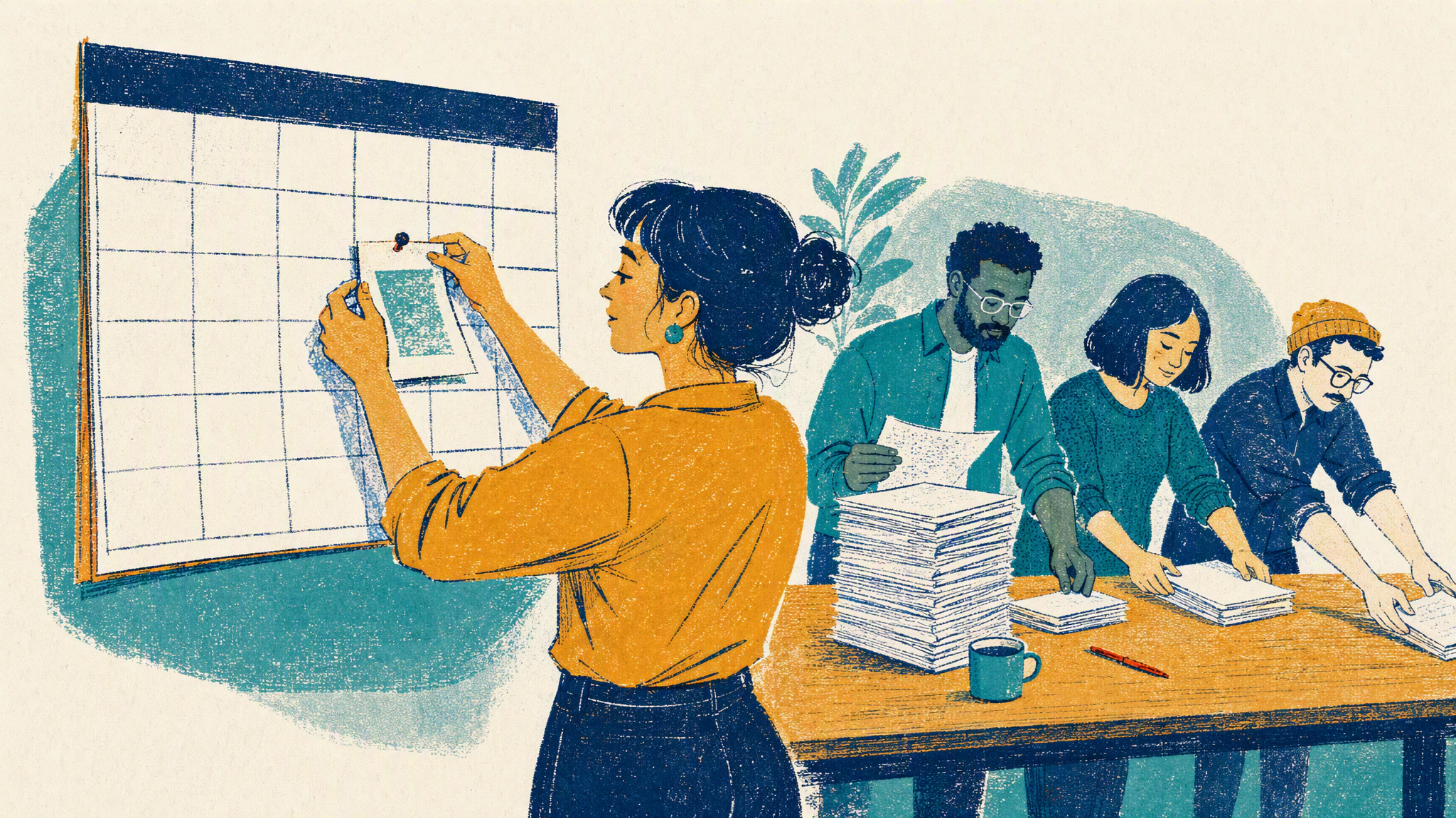 A platform owner pins a printed announcement to a wall calendar while three colleagues sort a stack of pages into piles on the desk.