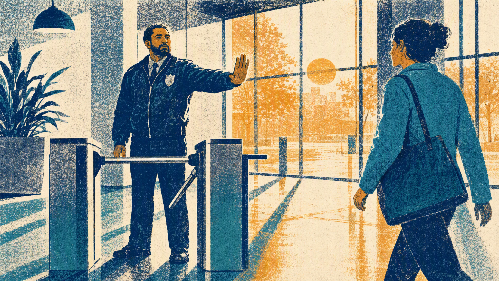 A security officer stands beside a turnstile in an empty office lobby on a weekend morning, holding out a hand to a visitor.