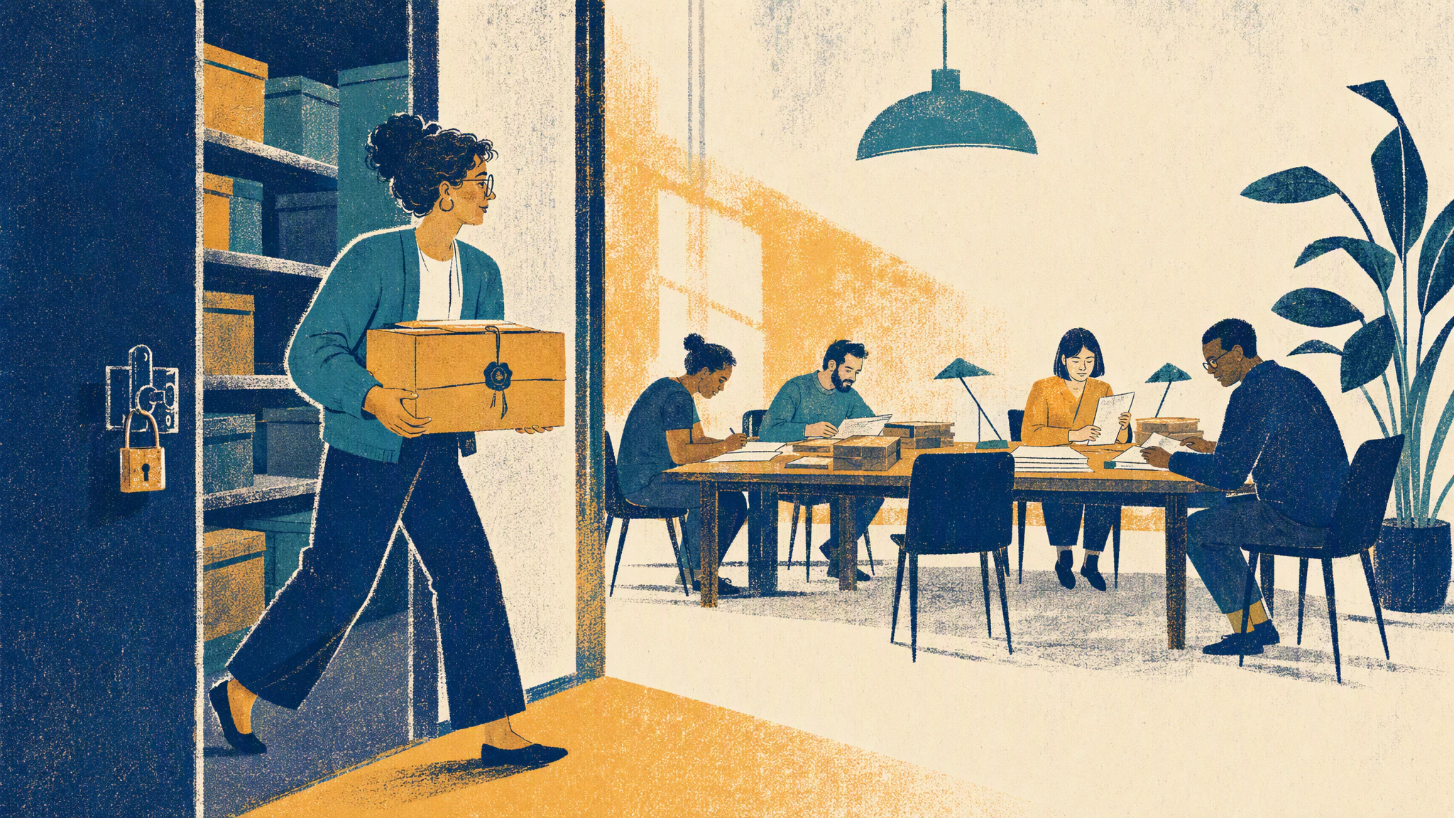 A locked grey filing cabinet stands open in a quiet office while two people carry a cardboard box of folders to a shared table.