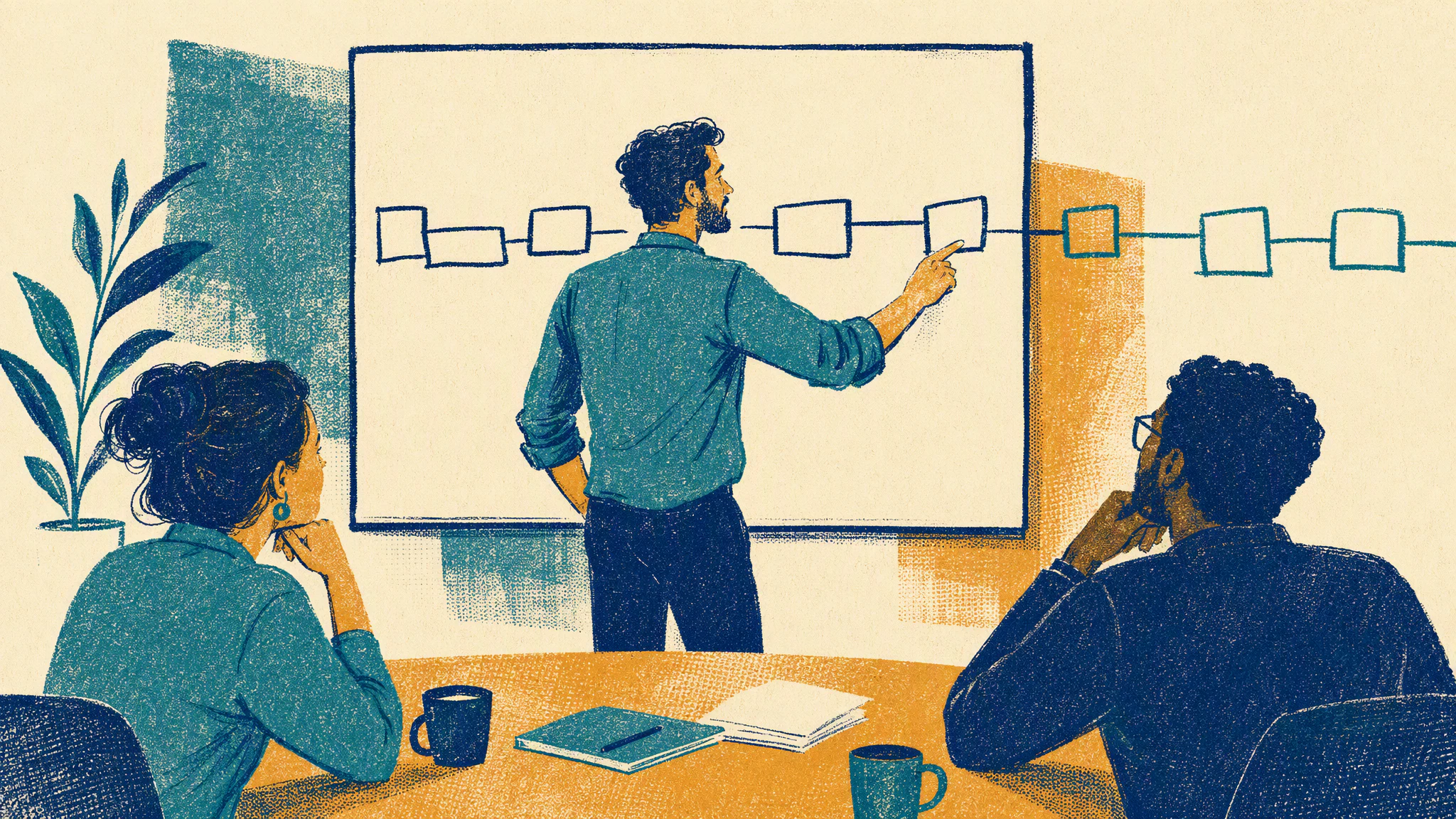 A consultant at a desk tracing a hand drawn chain of boxes across a whiteboard while two colleagues watch.