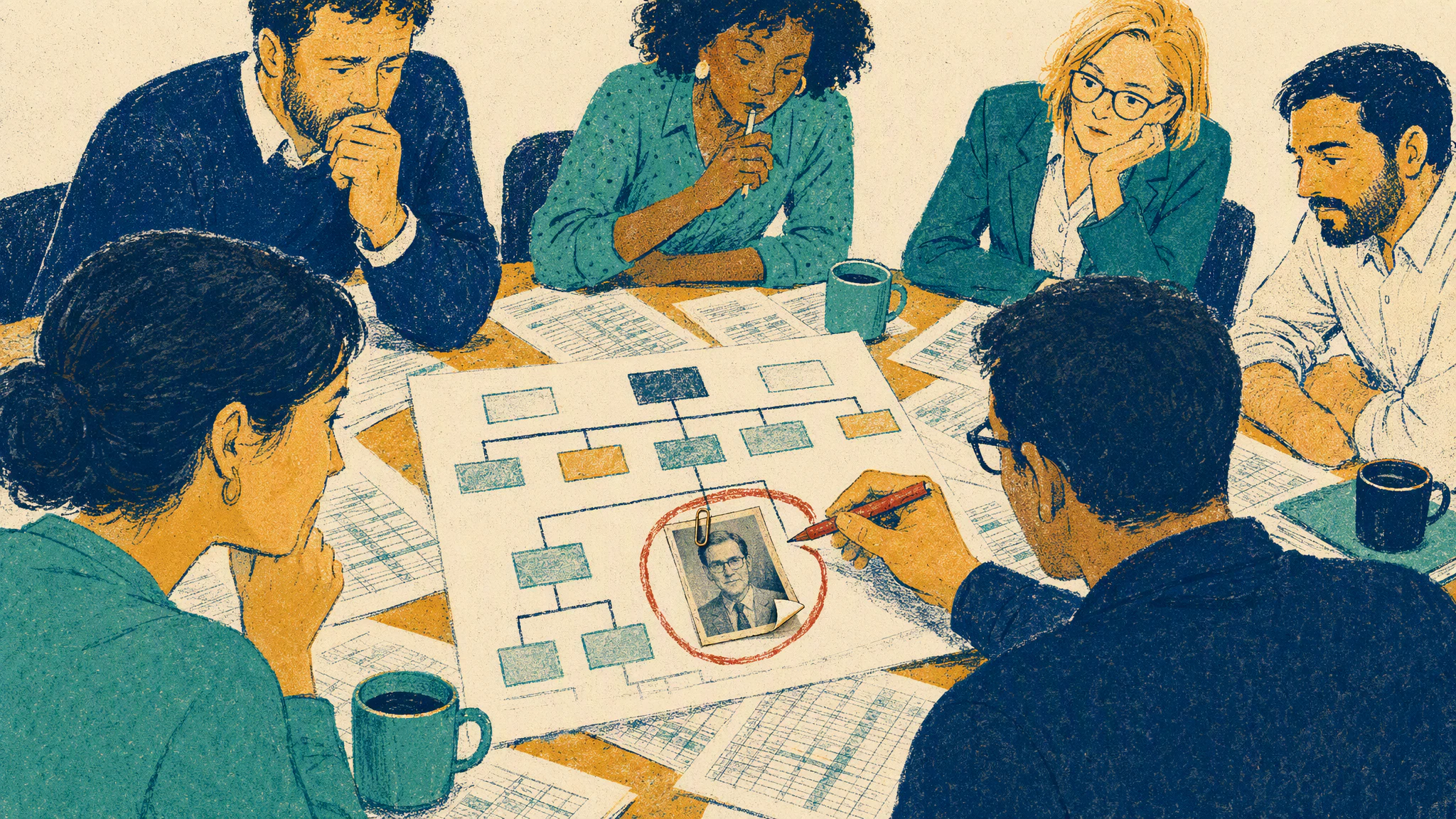 A person reviewing printed spreadsheets and an org chart spread across a conference table.