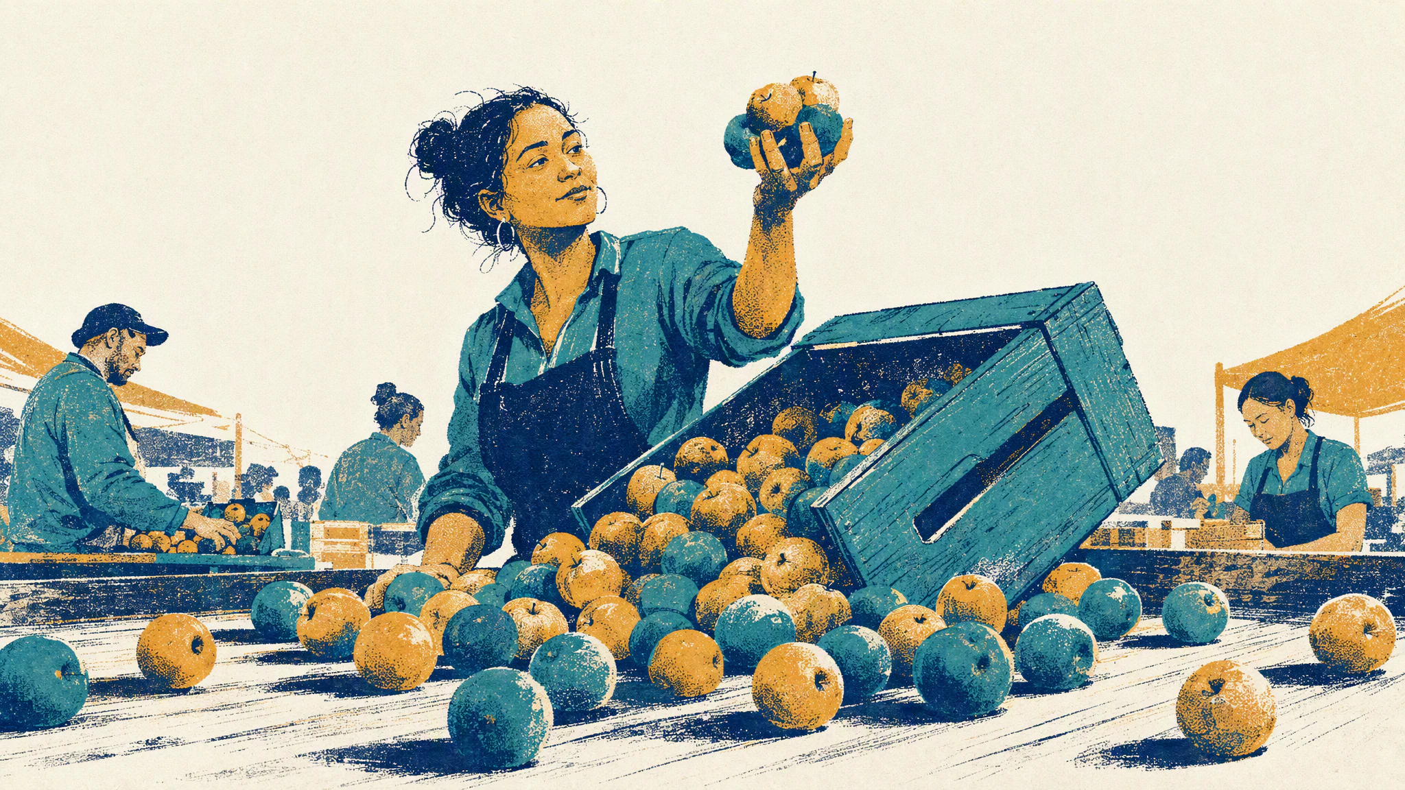 A warehouse worker lifts one small box off a fully loaded pallet while the rest of the stack stays wrapped on the trolley.
