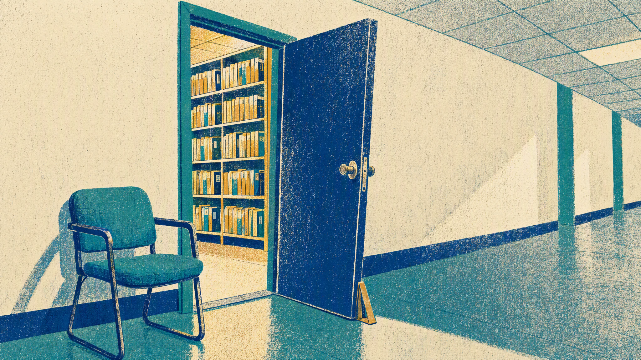 A records room door propped open with a chair, rows of personnel folders visible through the gap in an empty hallway.