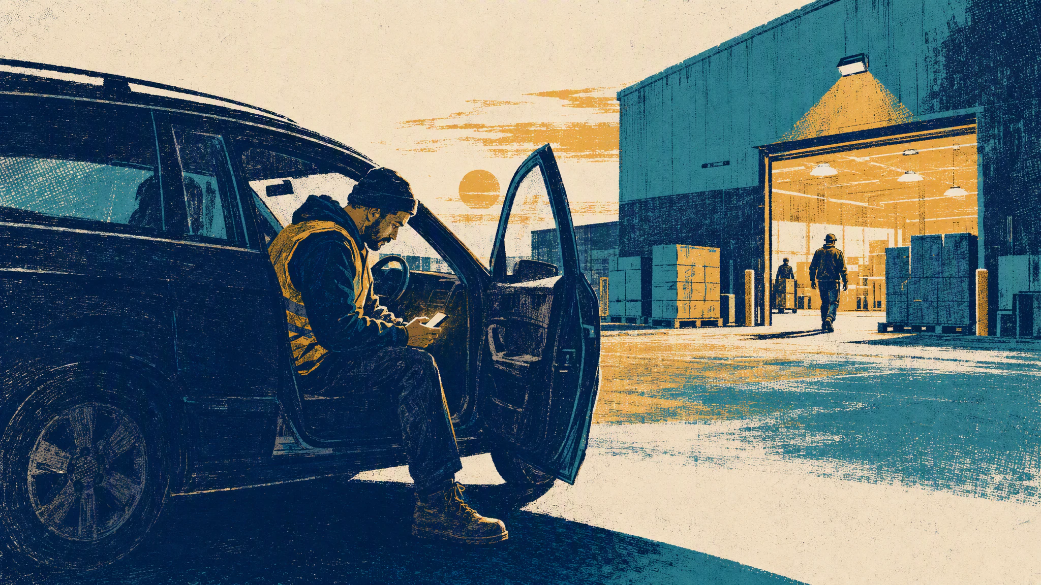 A warehouse worker sits in a parked car at dawn checking a phone before walking toward the loading dock entrance.