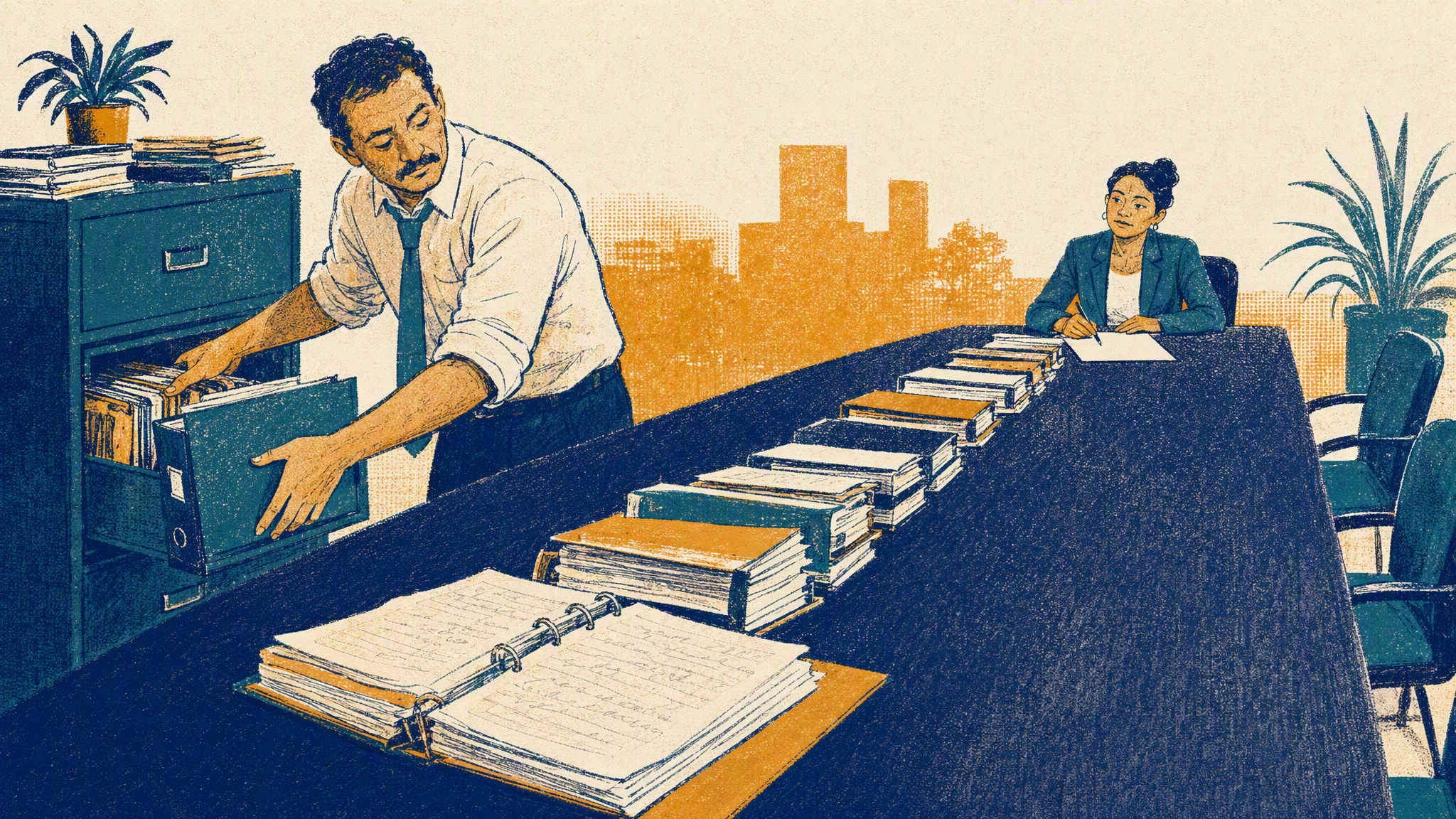 A payroll supervisor lays decades of paper pay-rule memos in a long row across a table in a county finance office.