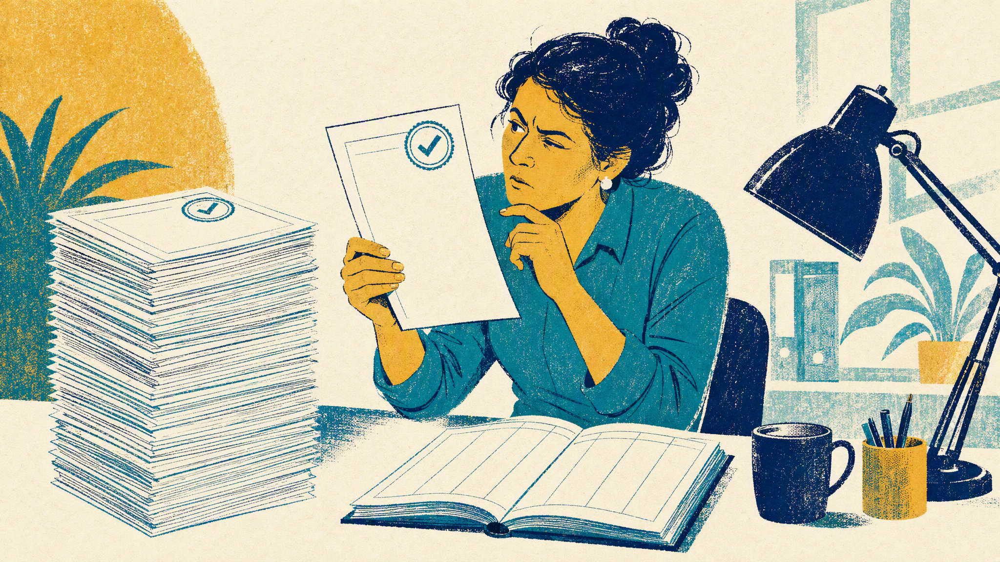 A finance controller at a desk sorts a tall pile of stamped forms while holding one form up to read its blank details.