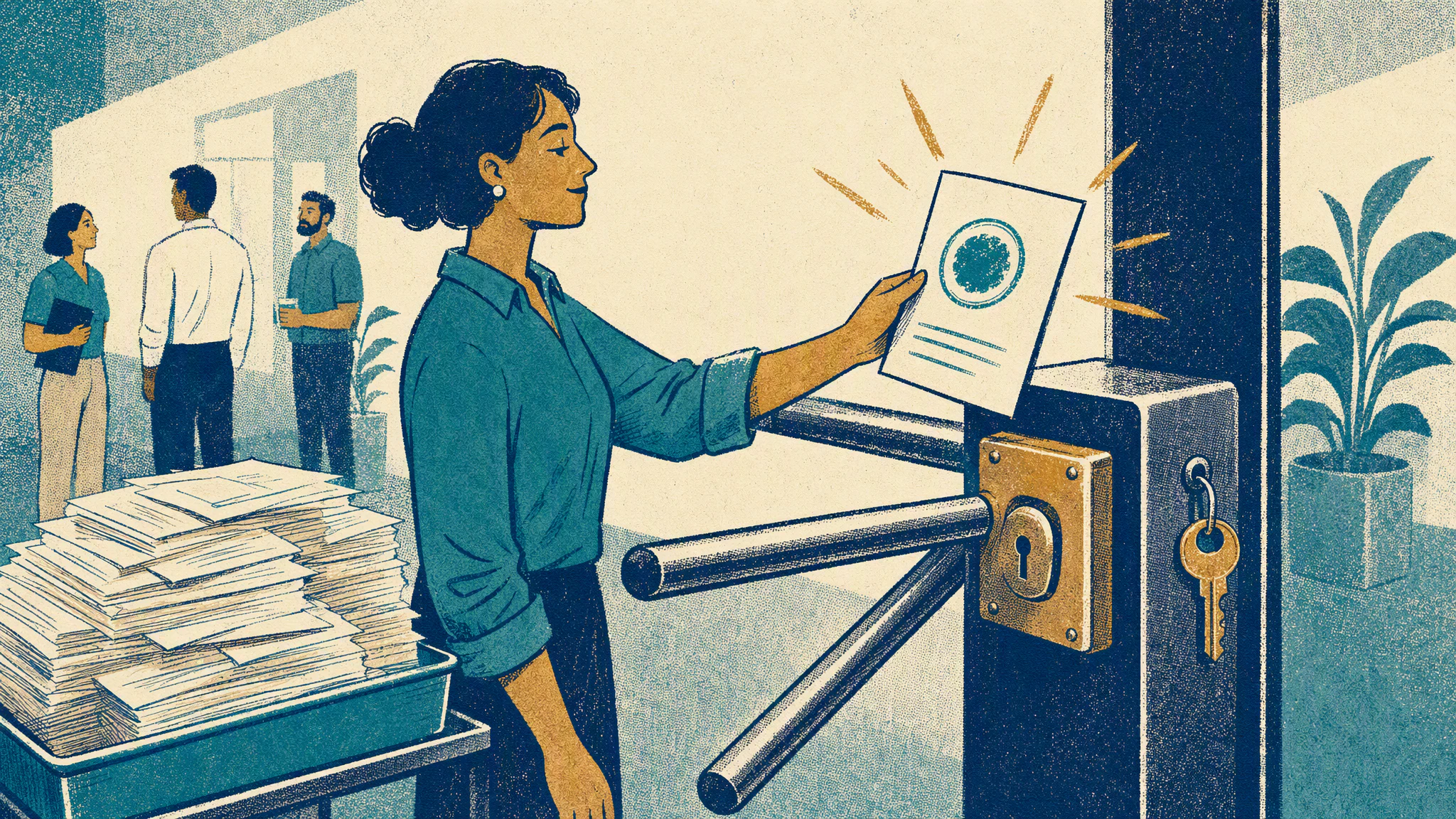 A payroll clerk holds a stamped approval form against a locked turnstile gate while a tray of drafted forms waits behind her.