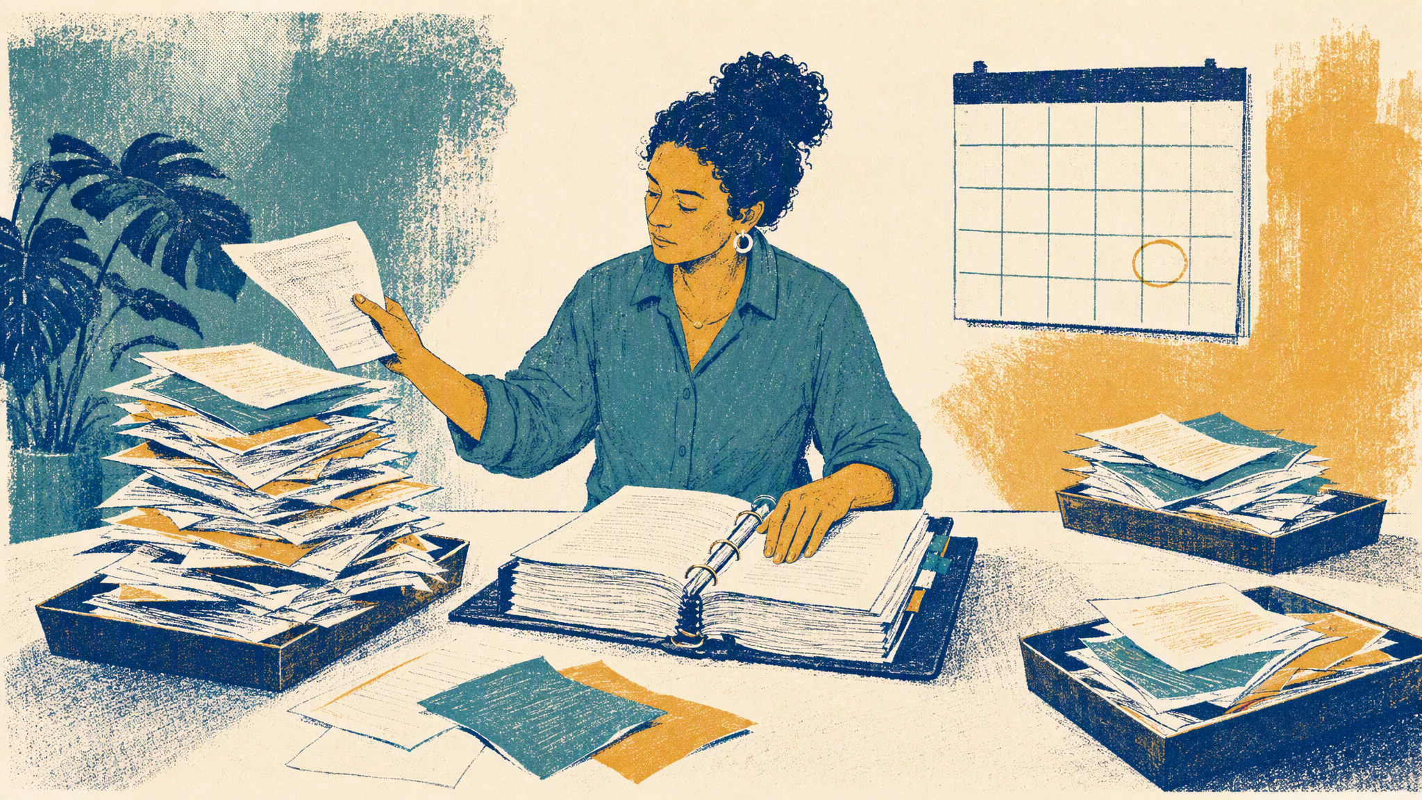 An architect at a planning table sorts a heap of vendor papers into three trays while her own binder of process rules stays open.
