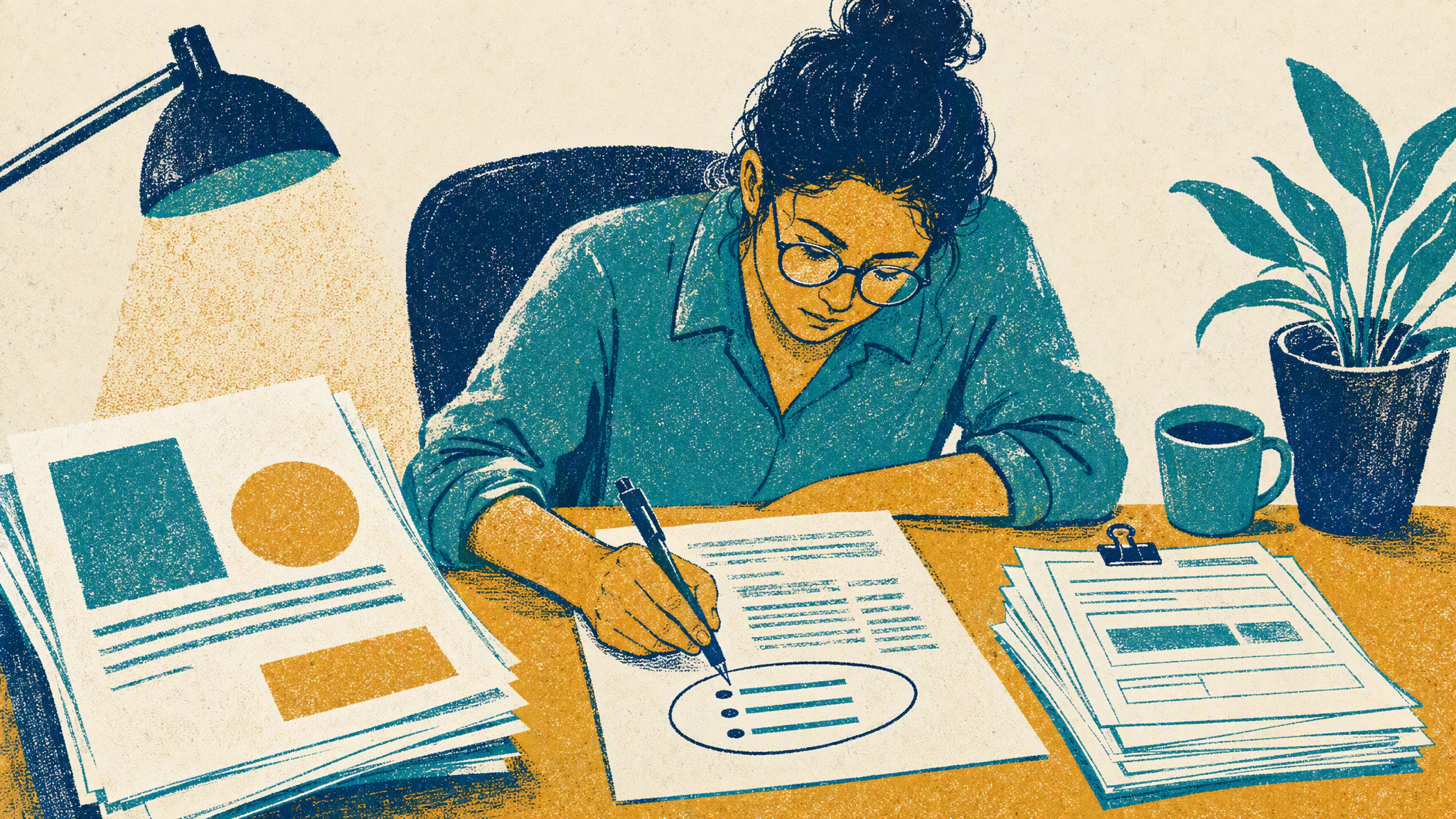 A platform owner at a desk marks up a printed press release with a pen while a stack of change requests waits beside it.