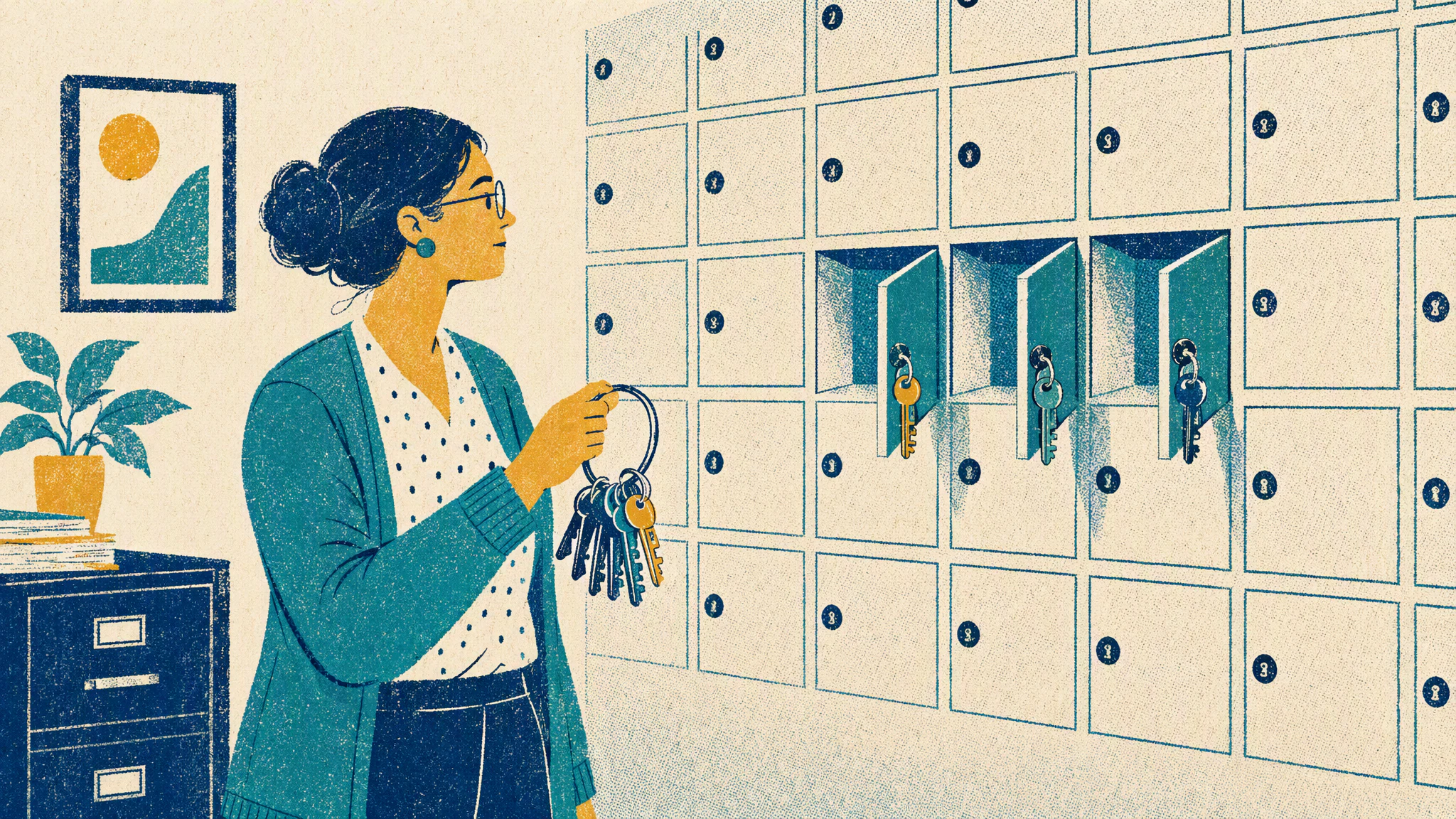 An office administrator holds a ring of keys up to a wall of numbered mailboxes in a quiet HR department office.