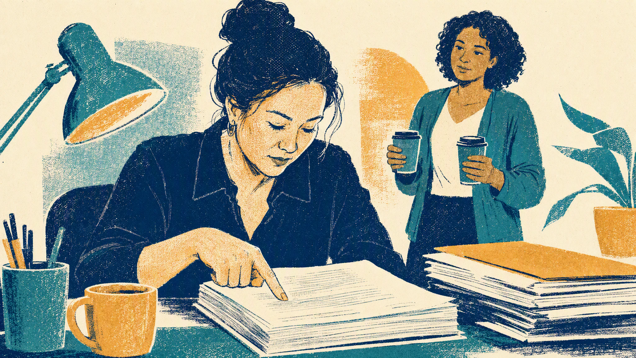 A payroll manager at a desk reading a printed contract while a colleague waits beside her with two coffee cups.