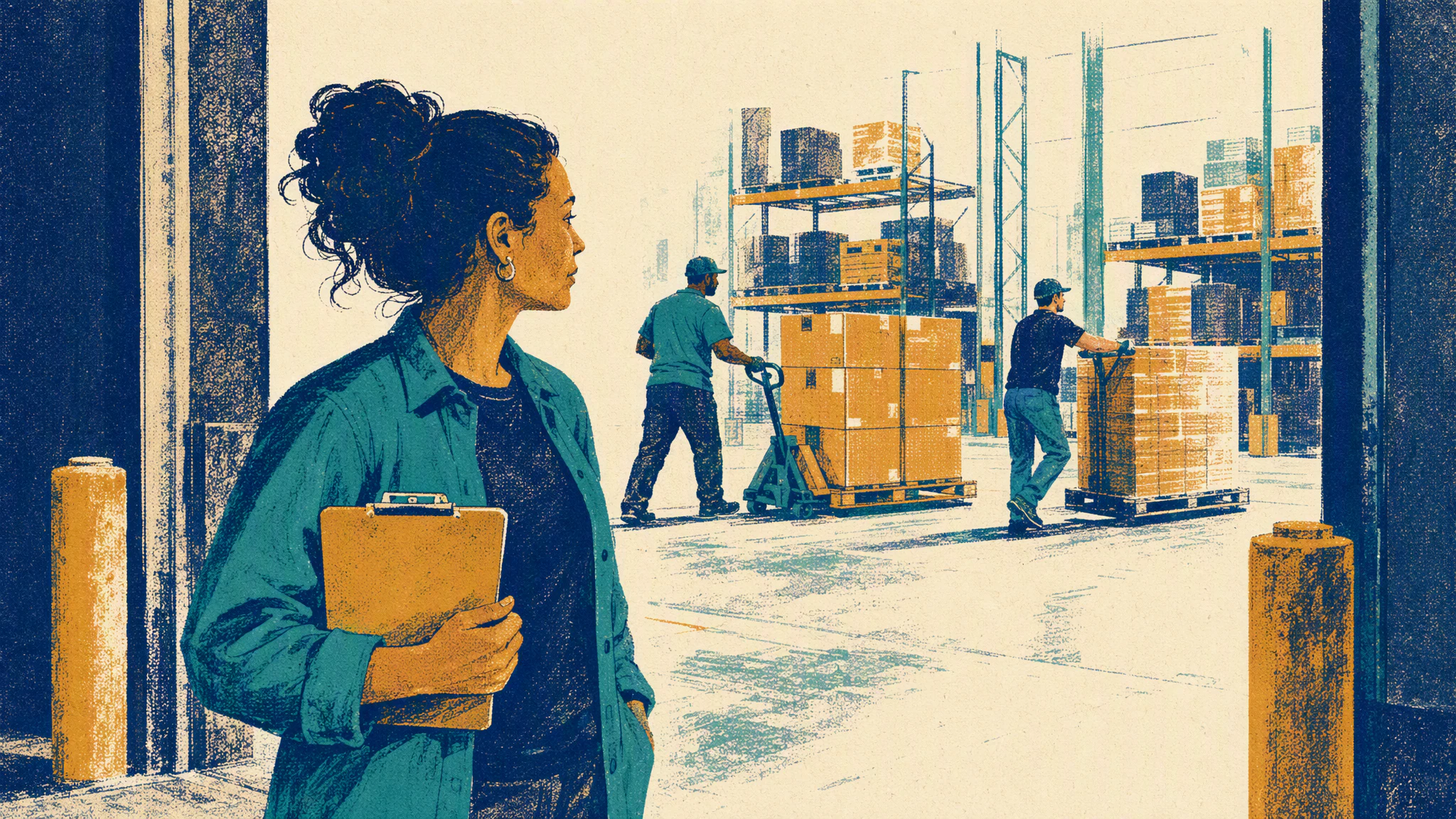 A shift supervisor stands with a clipboard near a warehouse door while workers move pallets behind her.
